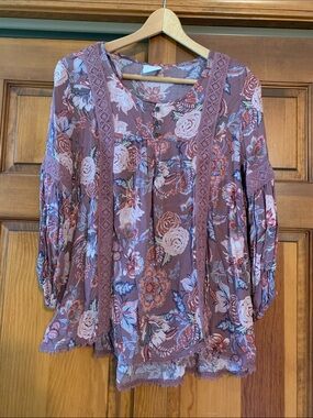 Knox Rose Floral Lace-Trim Peasant Blouse - Dusty Mauve